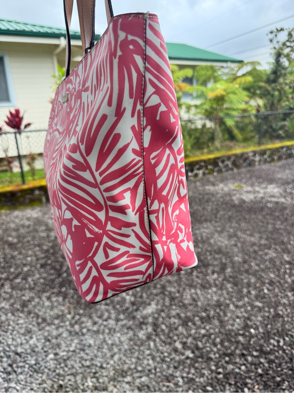 Kate Spade Pink White Tropical Floral Large Zip Tote Shoulder Bag - Picture 5 of 11